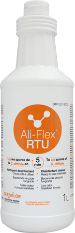 Ali-Flex RTU Ready to use Disinfectant Cleaner: Chlorinated disinfectant cleaner at 6,000 ppm of stabilized sodium hypochlorite and ready to use for use in healthcare facilities. Ali-Flex<sup>®</sup> RTU kills <i>C. difficile</i> spores in 5 minutes. Get started today by requesting at no cost or obligation a demonstration.