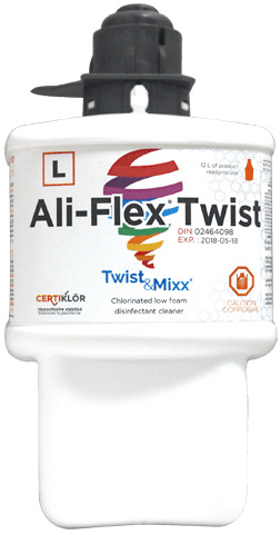 Ali-Flex TWIST Concentrated Low Foam Disinfectant Cleaner for Twist&Mixx System: High Concentration Low foam chlorinated disinfectant cleaner with 6,000 ppm sodium hypochlorite when diluted with Twist & Mixx system. Get started today by requesting at no cost or obligation a demonstration.
