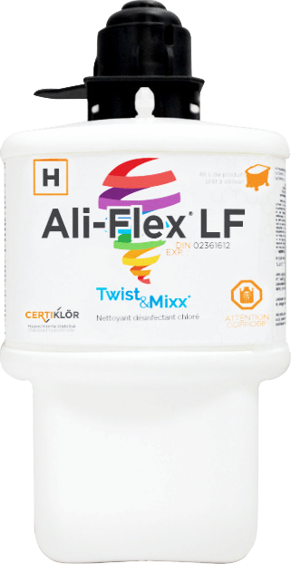 Ali-Flex LF Nettoyant-désinfectant chloré concentré à faible mousse pour système Twist&Mixx: Ali-Flex LF pour systèmes Twist&Mixx est un nettoyant-désinfectant à mousse contrôlée composé d’hypochlorite de sodium stabilisé (2,4% / 24 000 ppm à l’emballage) et d’agents de nettoyage puissants. Sa formule permet également de prévenir la corrosion et lorsqu'utilisé dans le systéme Twist&Mixx, une solution prête à l’emploi de 1000 ppm est obtenue.